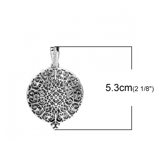 Picture of Brass Aromatherapy Essential Oil Diffuser Locket Pendants Round Antique Silver Color Filigree Carved Cabochon Settings (Fits 29mm Dia.) Can Open 53mm(2 1/8") x 35mm(1 3/8"), 1 Piece