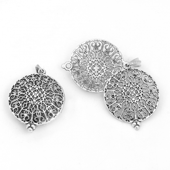 Picture of Brass Aromatherapy Essential Oil Diffuser Locket Pendants Round Antique Silver Color Filigree Carved Cabochon Settings (Fits 29mm Dia.) Can Open 53mm(2 1/8") x 35mm(1 3/8"), 1 Piece