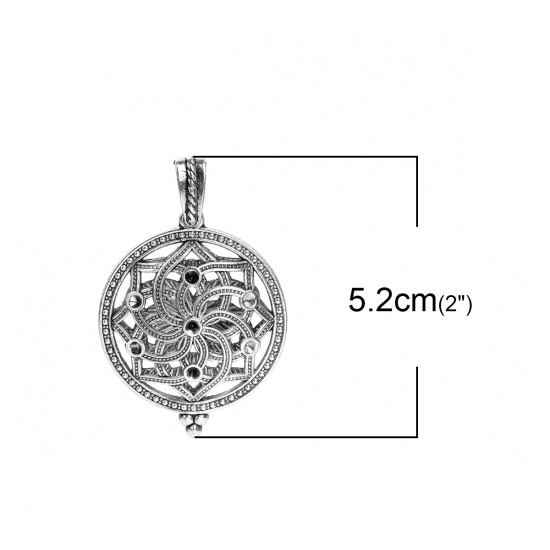 Picture of Brass Aromatherapy Essential Oil Diffuser Locket Pendants Round Antique Silver Color Filigree Carved Cabochon Settings (Fits 29mm Dia.) Can Open 52mm(2") x 35mm(1 3/8"), 1 Piece