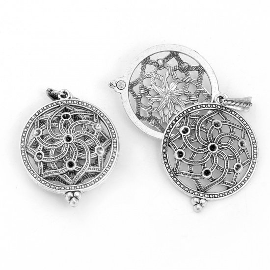 Picture of Brass Aromatherapy Essential Oil Diffuser Locket Pendants Round Antique Silver Color Filigree Carved Cabochon Settings (Fits 29mm Dia.) Can Open 52mm(2") x 35mm(1 3/8"), 1 Piece