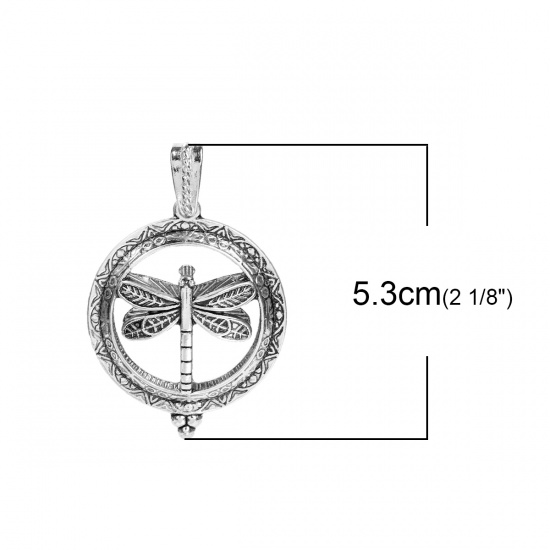 Immagine di Ottone Charm Essenziale aromaterapia Pendenti Locket del diffusore dell'olio Tondo Argento Antico (può aprire) Libellula Basi per Cabochon (Adatto 29mm) 53mm x 35mm, 1 Pz