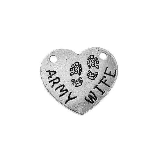Picture of Zinc Based Alloy Connectors Heart Antique Silver Message " ARMY WIFE " 24mm x 21mm, 10 PCs