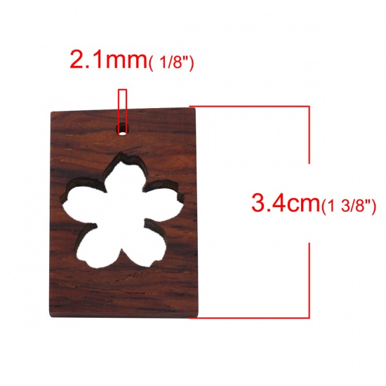 Picture of Sandalwood Open Back Bezel Pendants For Resin Rectangle Flower Coffee 34mm(1 3/8") x 24mm(1"), 1 Piece