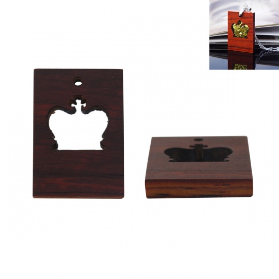 Picture of Sandalwood Open Back Bezel Pendants For Resin Rectangle Crown Coffee 34mm(1 3/8") x 24mm(1"), 1 Piece