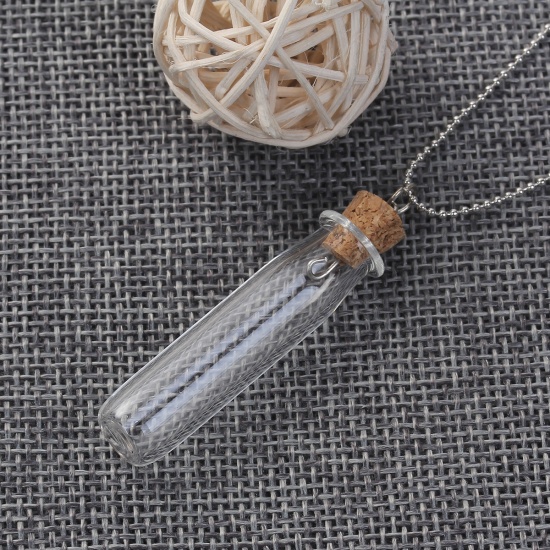 Picture of Glass Necklace Silver Tone Transparent Clear Wish Bottle 42.5cm(16 6/8") long, 1 Piece