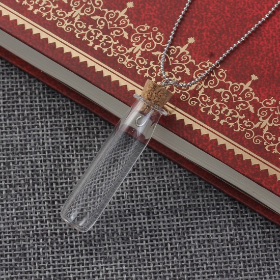 Picture of Glass Necklace Silver Tone Transparent Clear Wish Bottle 42.5cm(16 6/8") long, 1 Piece
