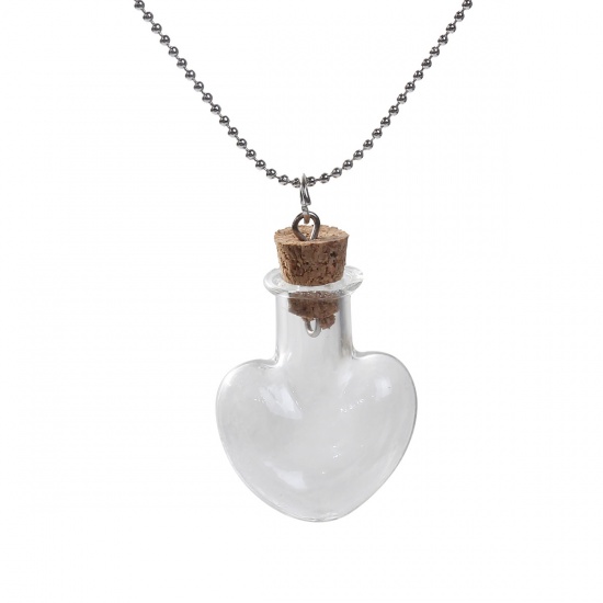 Picture of Glass Necklace Silver Tone Transparent Clear Wish Bottle Heart 42.5cm(16 6/8") long, 1 Piece
