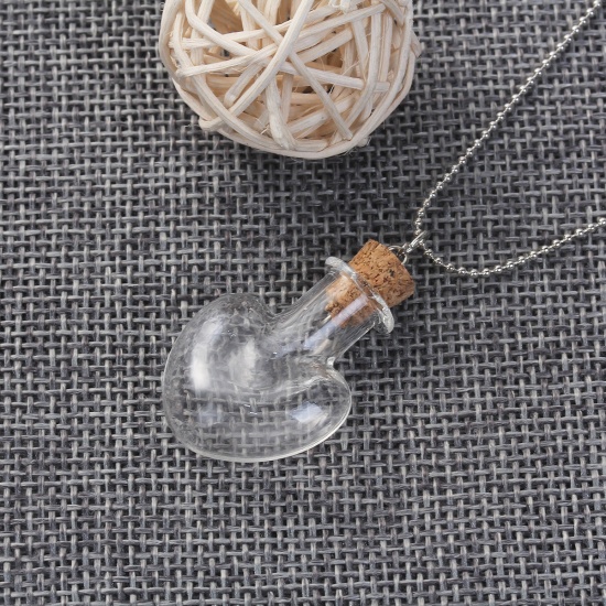 Picture of Glass Necklace Silver Tone Transparent Clear Wish Bottle Heart 42.5cm(16 6/8") long, 1 Piece