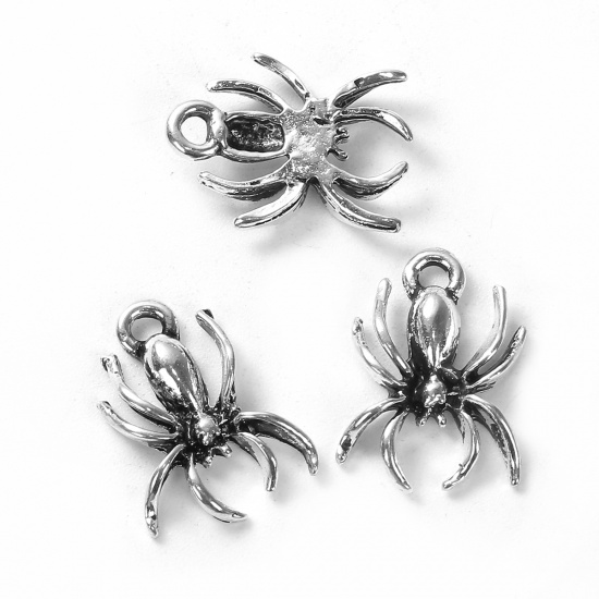 Picture of Zinc Based Alloy (Lead & Nickel Safe) Charms Halloween Spider Animal Antique Silver Color 18mm( 6/8") x 13mm( 4/8"), 30 PCs