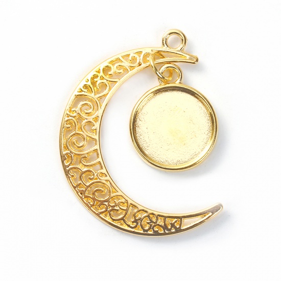 Picture of Zinc Based Alloy Pendants Half Moon Gold Plated Round Carved Cabochon Settings (Fits 14mm Dia.) 41mm x 40mm, 5 PCs