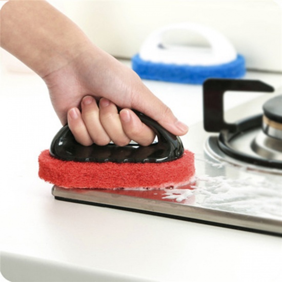 Picture of PP Bathtub Tile Kitchen Decontamination Sponge Cleaning Brush With Handle Black Red 14cm(5 4/8") x 8cm(3 1/8"), 1 Piece