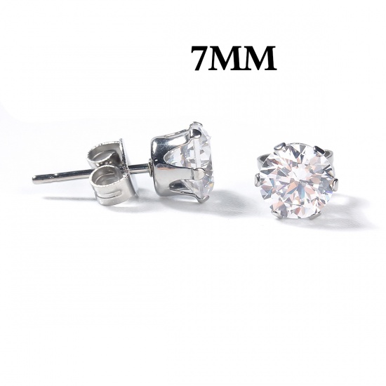 Picture of 304 Stainless Steel & Cubic Zirconia Ear Post Stud Earrings Silver Tone Transparent Clear Round 8mm( 3/8") x 7mm( 2/8"), Post/ Wire Size: (20 gauge), 1 Pair