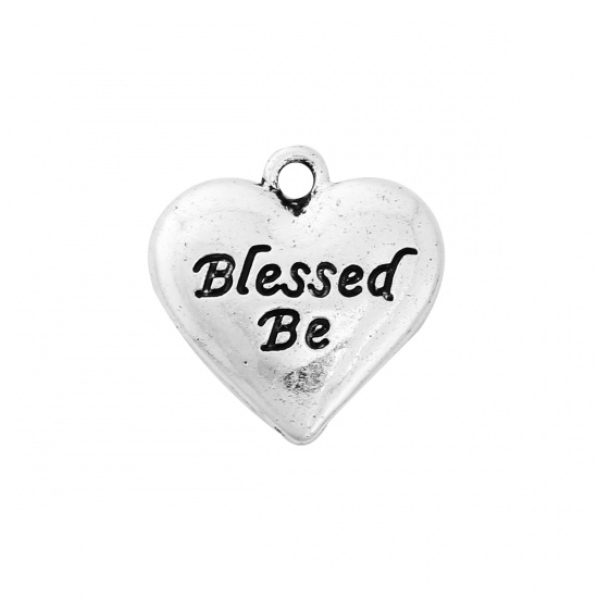 Immagine di Lega di Zinco Charms Cuore Argento Antico Messaggio " Blessed Be " 19mm x 18mm , 10 Pz