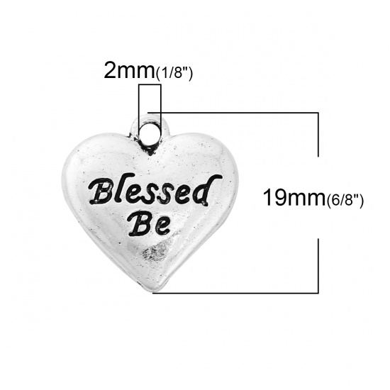 Immagine di Lega di Zinco Charms Cuore Argento Antico Messaggio " Blessed Be " 19mm x 18mm , 10 Pz