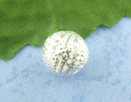 Immagine di Lega di Ferro Separatori Perline Palla Argento Placcato Polka Dot Disegno Circa 12mm Dia, Foro:Circa 1.5mm, 50 Pz