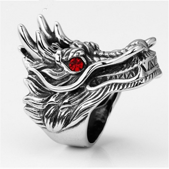 Picture of Unadjustable Rings Antique Silver Color Dragon Red Rhinestone 19.8mm(US Size 10), 1 Piece