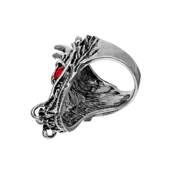 Picture of Unadjustable Rings Antique Silver Color Dragon Red Rhinestone 19.8mm(US Size 10), 1 Piece