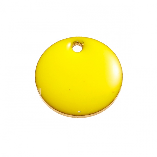 Изображение Эмалированные Блестки Латунь Подвески Круглые Позолоченный С Желтым Эмальей 12мм диаметр, 10 ШТ                                                                                                                                                               