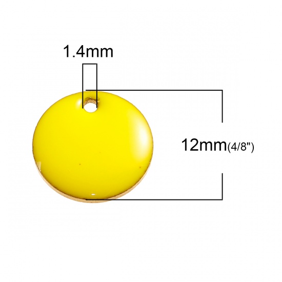 Изображение Эмалированные Блестки Латунь Подвески Круглые Позолоченный С Желтым Эмальей 12мм диаметр, 10 ШТ                                                                                                                                                               