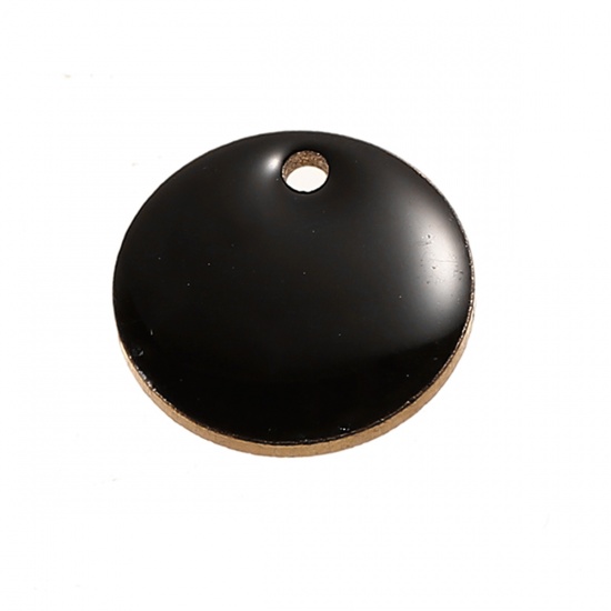 Изображение Эмалированные Блестки Латунь Подвески Круглые Позолоченный С Черным Эмальей 12мм диаметр, 10 ШТ                                                                                                                                                               