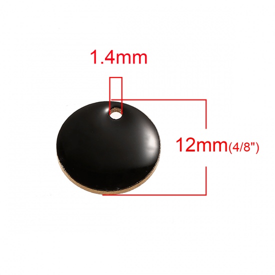 Изображение Эмалированные Блестки Латунь Подвески Круглые Позолоченный С Черным Эмальей 12мм диаметр, 10 ШТ                                                                                                                                                               