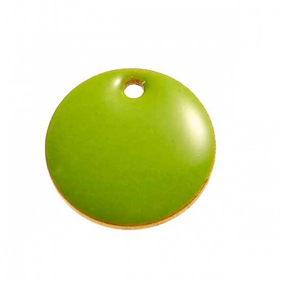 Picture of Brass Enamelled Sequins Charms Round Unplated Green Enamel 12mm( 4/8") Dia, 10 PCs                                                                                                                                                                            