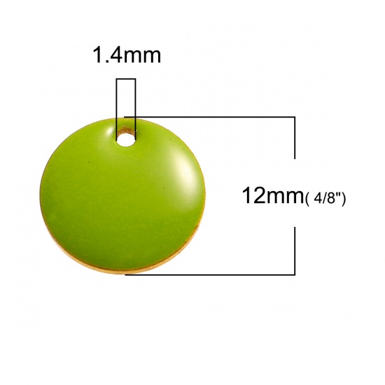 Изображение Эмалированные Блестки Латунь Подвески Круглые Позолоченный С Зеленым Эмальей 12мм диаметр, 10 ШТ                                                                                                                                                              
