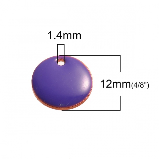 Изображение Эмалированные Блестки Латунь Подвески Круглые Позолоченный С Фиолетовым Эмальей 12мм диаметр, 10 ШТ                                                                                                                                                           