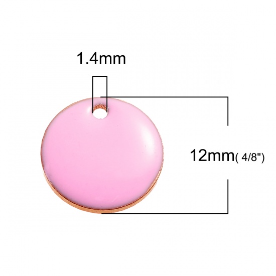Изображение Эмалированные Блестки Латунь Подвески Круглые Позолоченный С Розовым Эмальей 12мм диаметр, 10 ШТ                                                                                                                                                              