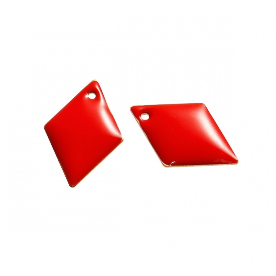 Imagen de Latón Lentejuelas Esmaltadas Colgantes Charms Diamond Original Color Sin Chapado Rojo Esmalte 16mm x 11mm, 10 Unidades