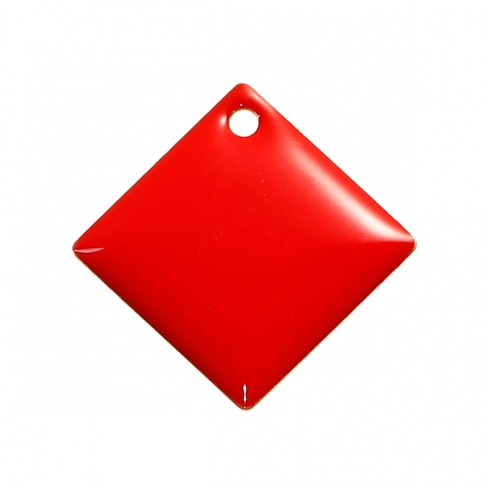 Picture of Copper Enamelled Sequins Charms Rhombus Unplated Red Enamel 24mm(1") x 24mm(1"), 5 PCs