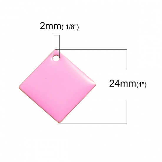Picture of Brass Enamelled Sequins Charms Rhombus Unplated Pink Enamel 24mm(1") x 24mm(1"), 5 PCs                                                                                                                                                                        
