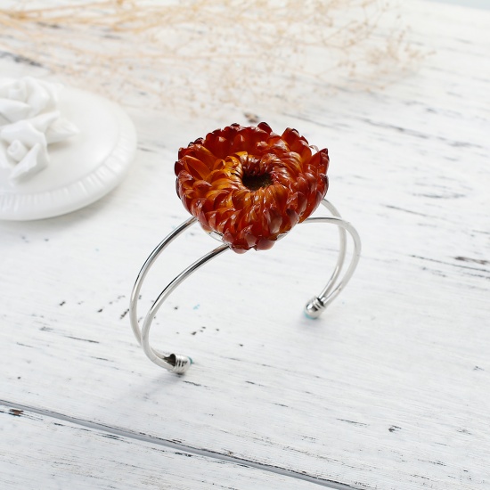 Picture of Handmade Resin Jewelry Real Flower Open Cuff Bangles Bracelets Silver Tone Orange Chrysanthemum Flower 17.5cm(6 7/8") long, 1 Piece