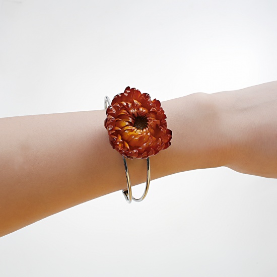 Picture of Handmade Resin Jewelry Real Flower Open Cuff Bangles Bracelets Silver Tone Orange Chrysanthemum Flower 17.5cm(6 7/8") long, 1 Piece