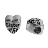 Bild von Zinklegierung European Stil Großlochperlen Herz Antiksilber Message " Sister" ca. 12mm x 11mm, Loch:ca 4.7mm, 5 Stück