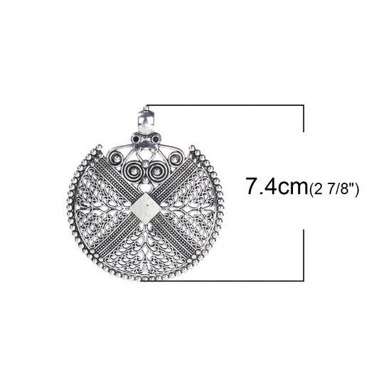Picture of Zinc Based Alloy Boho Chic Pendants Round Antique Silver Color (Can Hold ss10 Pointed Back Rhinestone) Filigree 74mm(2 7/8") x 64mm(2 4/8"), 2 PCs