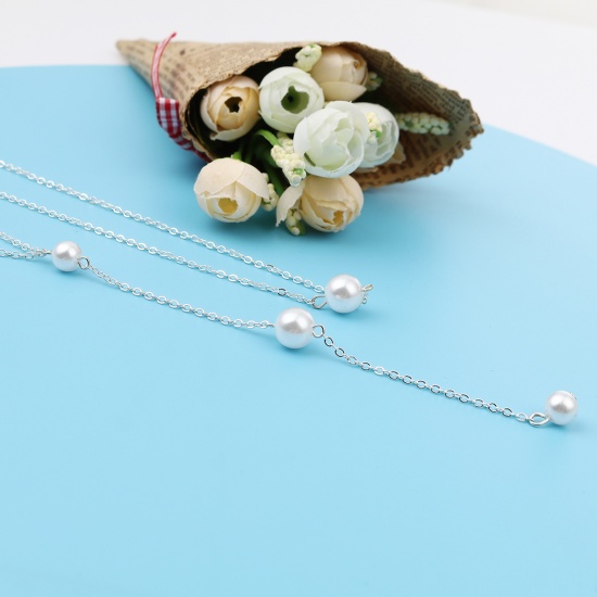 Picture of Acrylic Back Wedding Necklace Silver Plated Round White Imitation Pearl 66cm(26") long, 1 Piece