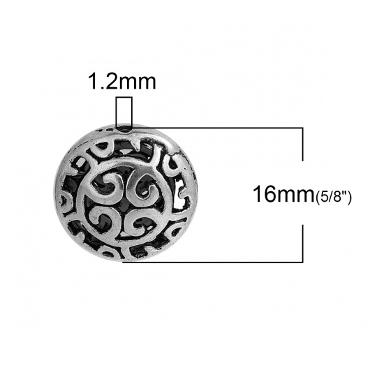 Picture of Zinc Based Alloy Spacer Beads Round Antique Silver Color Hollow About 16mm Dia, Hole: Approx 1.2mm, 10 PCs
