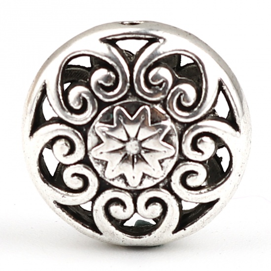 Picture of Zinc Based Alloy Spacer Beads Round Antique Silver Color Heart Hollow About 16mm Dia, Hole: Approx 1.2mm, 10 PCs