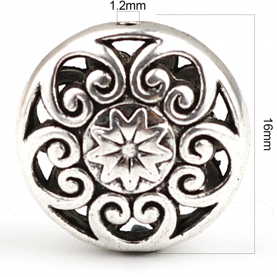 Picture of Zinc Based Alloy Spacer Beads Round Antique Silver Color Heart Hollow About 16mm Dia, Hole: Approx 1.2mm, 10 PCs