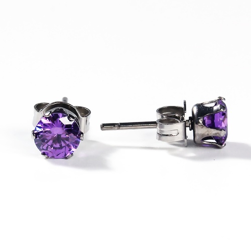 Image de Boucles d'Oreilles Puces en 304 Acier Inoxydable & Zircon Argent Mat Violet Rond 6mm x 5mm, Epaisseur de Fil: (20 gauge), 1 Paire