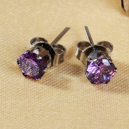 Image de Boucles d'Oreilles Puces en 304 Acier Inoxydable & Zircon Argent Mat Violet Rond 6mm x 5mm, Epaisseur de Fil: (20 gauge), 1 Paire