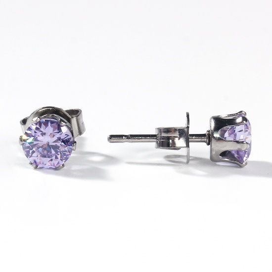 Picture of 304 Stainless Steel & Cubic Zirconia Ear Post Stud Earrings Silver Tone Mauve Round 6mm( 2/8") x 5mm( 2/8"), Post/ Wire Size: (20 gauge), 1 Pair
