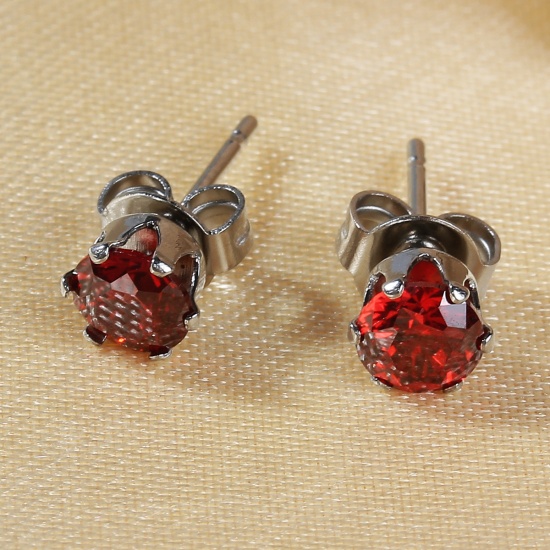 Image de Boucles d'Oreilles Puces en 304 Acier Inoxydable & Zircon Argent Mat Rouge Rond 6mm x 5mm, Epaisseur de Fil: (20 gauge), 1 Paire