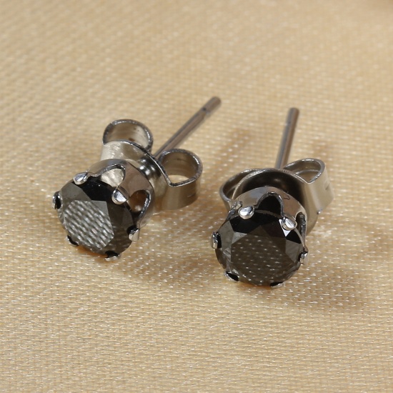 Image de Boucles d'Oreilles Puces en 304 Acier Inoxydable & Zircon Argent Mat Noir Rond 6mm x 5mm, Epaisseur de Fil: (20 gauge), 1 Paire