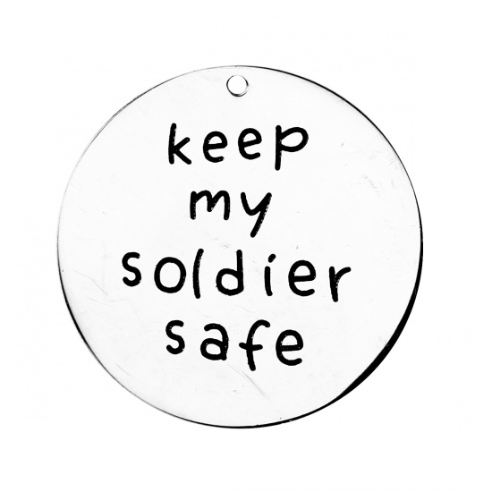 304ステンレス鋼 ペンダント 円形 シルバートーン 文字 " keep my soldier safe" 30mm直径、 1 個 の画像