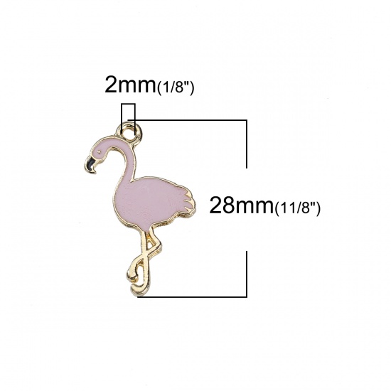 Picture of Zinc Based Alloy Charms Flamingo Gold Plated Pink Enamel 28mm(1 1/8") x 18mm( 6/8"), 10 PCs