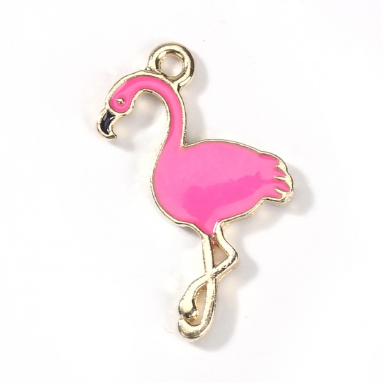 Bild von Zinklegierung Charms Flamingo Vergoldet Fuchsie Emaille 28mm x 18mm, 10 Stück