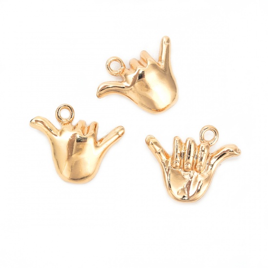 Picture of Zinc Based Alloy 3D Charms Shaka Hand Sign Gesture Gold Plated 21mm( 7/8") x 17mm( 5/8"), 5 PCs