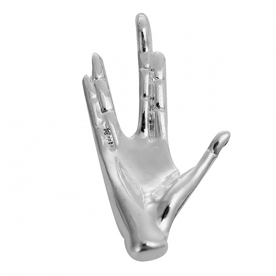 Picture of Zinc Based Alloy 3D Pendants Hand Gesture Live Long And Prosper Silver Plated 31mm(1 2/8") x 17mm( 5/8"), 3 PCs